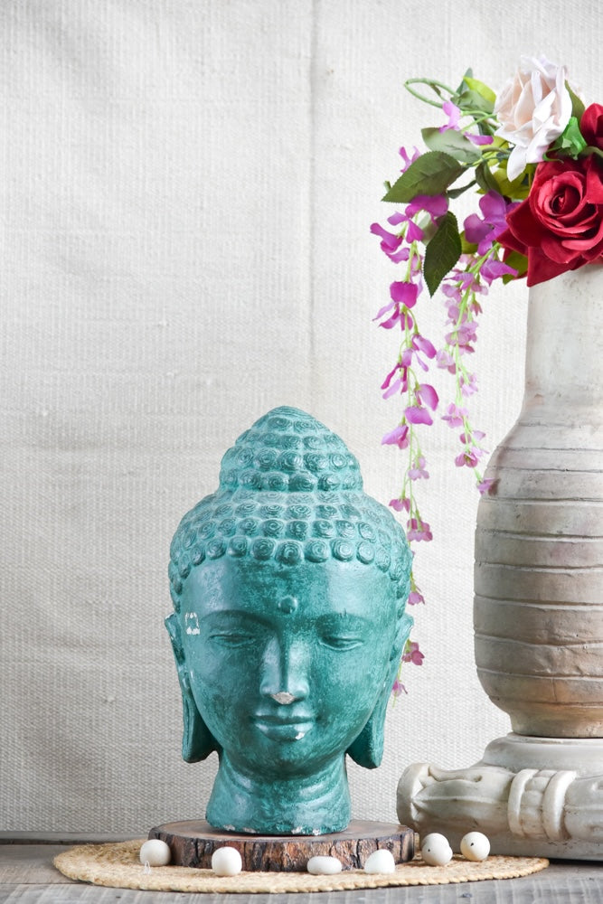 Ekaurr Verdant Tranquility Buddha handcrafted ceramic figurine in earthy green tone, peaceful spiritual home decor sculpture for shelves and meditation spaces