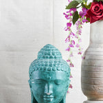 Ekaurr Verdant Tranquility Buddha handcrafted ceramic figurine in earthy green tone, peaceful spiritual home decor sculpture for shelves and meditation spaces