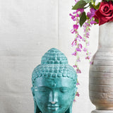 Ekaurr Verdant Tranquility Buddha handcrafted ceramic figurine in earthy green tone, peaceful spiritual home decor sculpture for shelves and meditation spaces