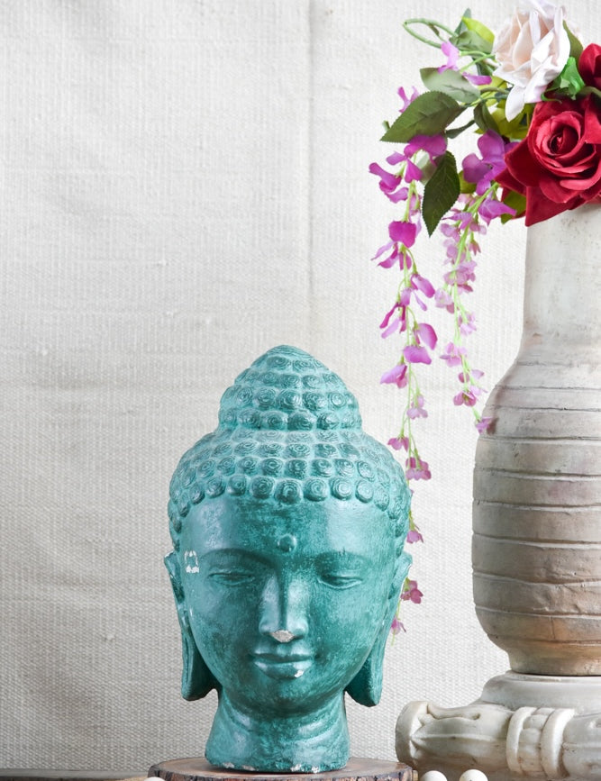 Ekaurr Verdant Tranquility Buddha handcrafted ceramic figurine in earthy green tone, peaceful spiritual home decor sculpture for shelves and meditation spaces