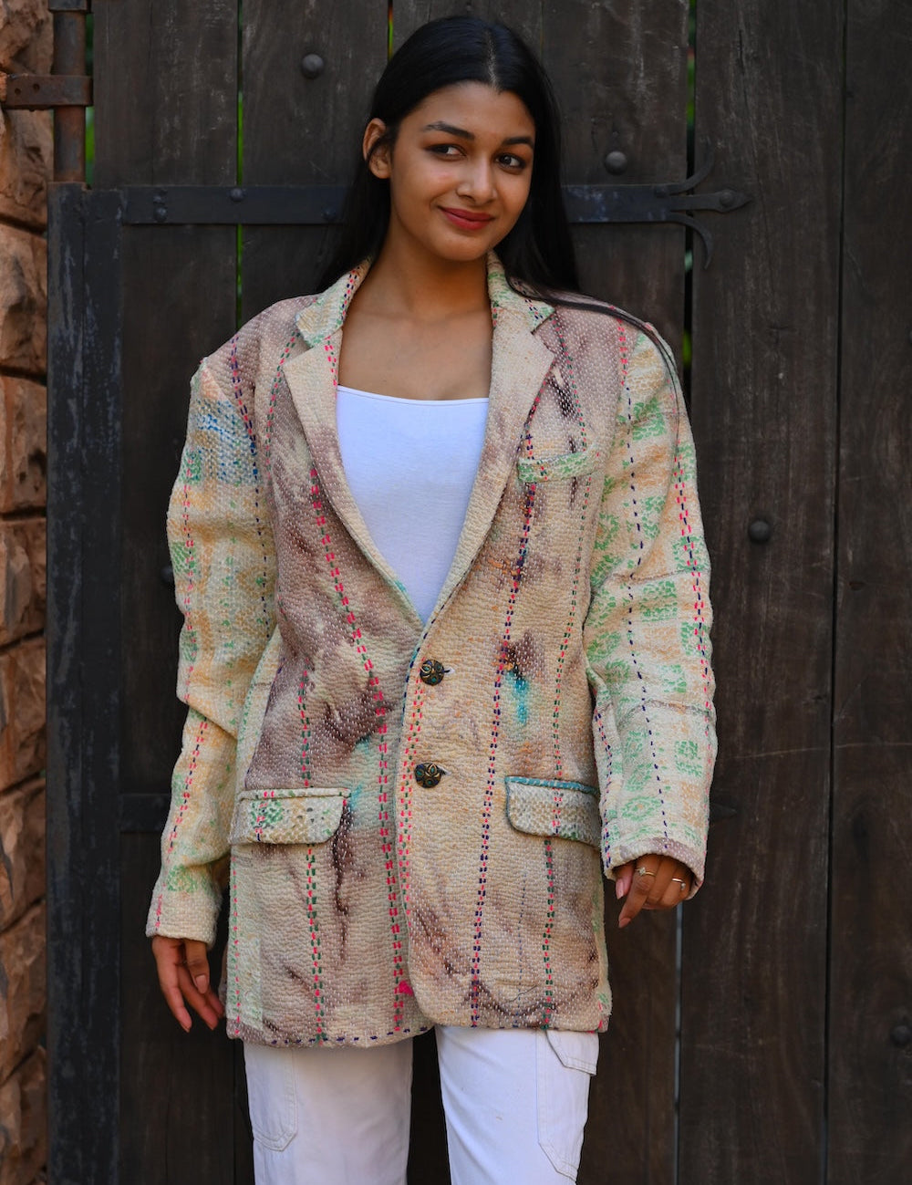 Ekaurr BIGDI Vibrant Weave Blazer cotton quilted blazer with a bold vibrant woven textile pattern in multicolour tones, artisan slow fashion statement outerwear for women from the BIGDI Blazers Coats and Robes collection