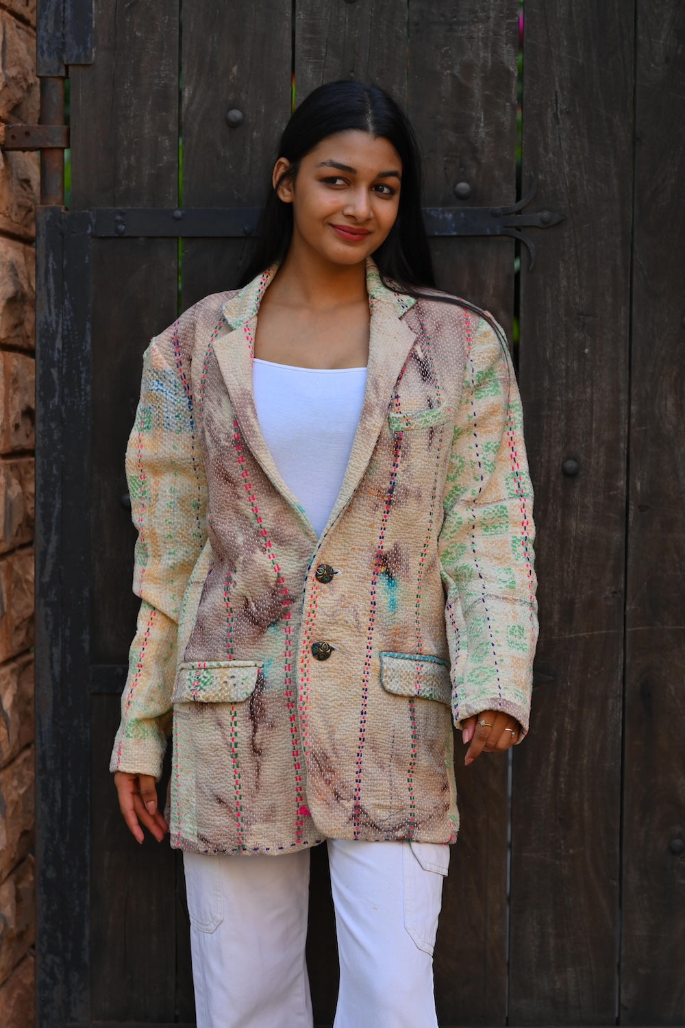 Ekaurr BIGDI Vibrant Weave Blazer cotton quilted blazer with a bold vibrant woven textile pattern in multicolour tones, artisan slow fashion statement outerwear for women from the BIGDI Blazers Coats and Robes collection