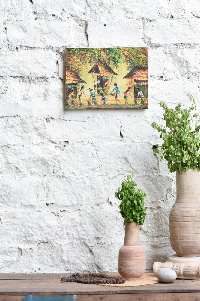 Ekaurr Village Verse painting depicting a folk-style Indian village scene with figures homes and earthy rustic tones, handcrafted narrative canvas art for living rooms and heritage-inspired home interiors
