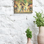 Ekaurr Village Verse painting depicting a folk-style Indian village scene with figures homes and earthy rustic tones, handcrafted narrative canvas art for living rooms and heritage-inspired home interiors