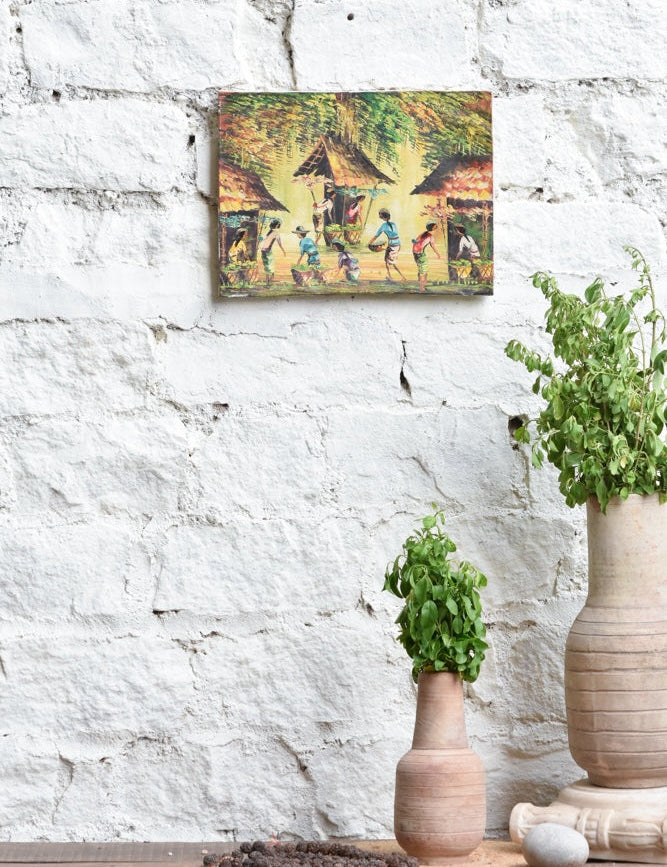 Ekaurr Village Verse painting depicting a folk-style Indian village scene with figures homes and earthy rustic tones, handcrafted narrative canvas art for living rooms and heritage-inspired home interiors