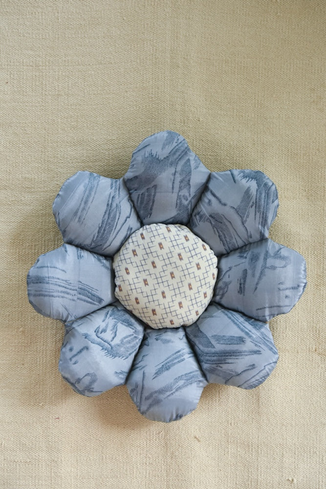 Ekaurr Vintage Blue Silk Flower Cushion handcrafted silk cushion in deep vintage blue with embroidered or applique floral detailing, luxurious textile accent for sofas beds and romantically styled home interiors