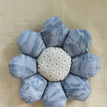 Ekaurr Vintage Blue Silk Flower Cushion handcrafted silk cushion in deep vintage blue with embroidered or applique floral detailing, luxurious textile accent for sofas beds and romantically styled home interiors