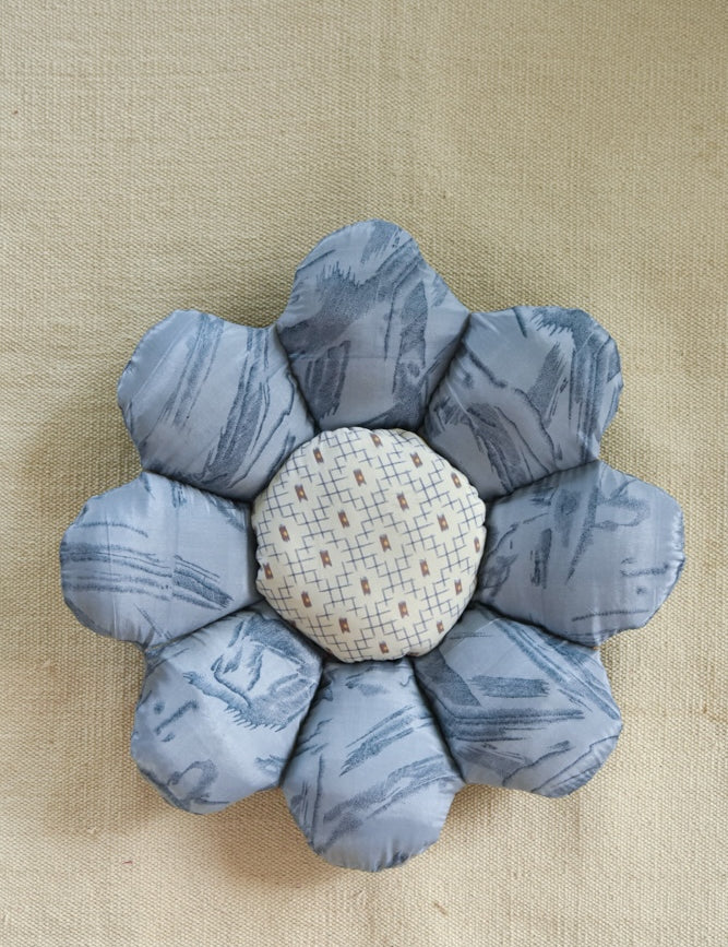 Ekaurr Vintage Blue Silk Flower Cushion handcrafted silk cushion in deep vintage blue with embroidered or applique floral detailing, luxurious textile accent for sofas beds and romantically styled home interiors
