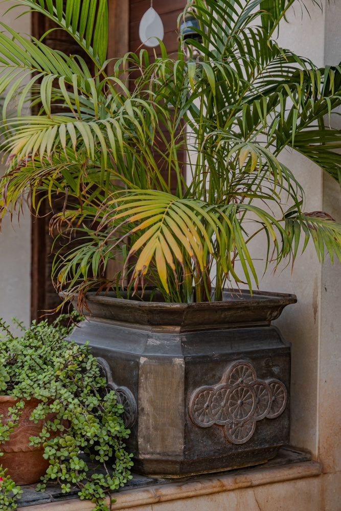 Ekaurr Vintage Brass Planter set of 2 large octagonal vessels with embossed floral medallions and aged patina, heirloom-quality statement planters for large indoor or sheltered outdoor plants