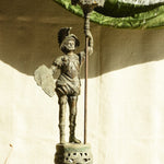 Ekaurr Vintage Brass Warrior Statue – commanding regal warrior figure with ornate armour, shield, and ceremonial staff, antique patina collectible sculpture