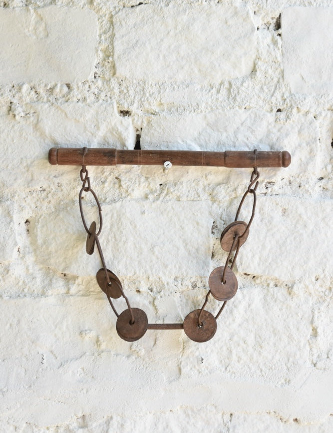 Ekaurr Vintage Ghungroo Danda traditional tribal percussion instrument of rusted salvaged iron discs on a local wood handle handcrafted by tribal artisans at 12x10 inches, heritage folk art collectible for wall display and rustic home decor