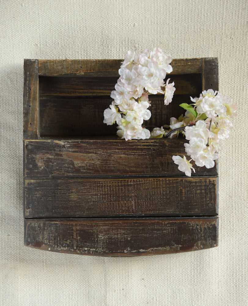 Ekaurr Vintage Reclaimed Wood Wall Mounted Organiser handcrafted aged wood wall unit with compartments hooks or rails for everyday storage, artisan rustic entryway or kitchen wall organiser