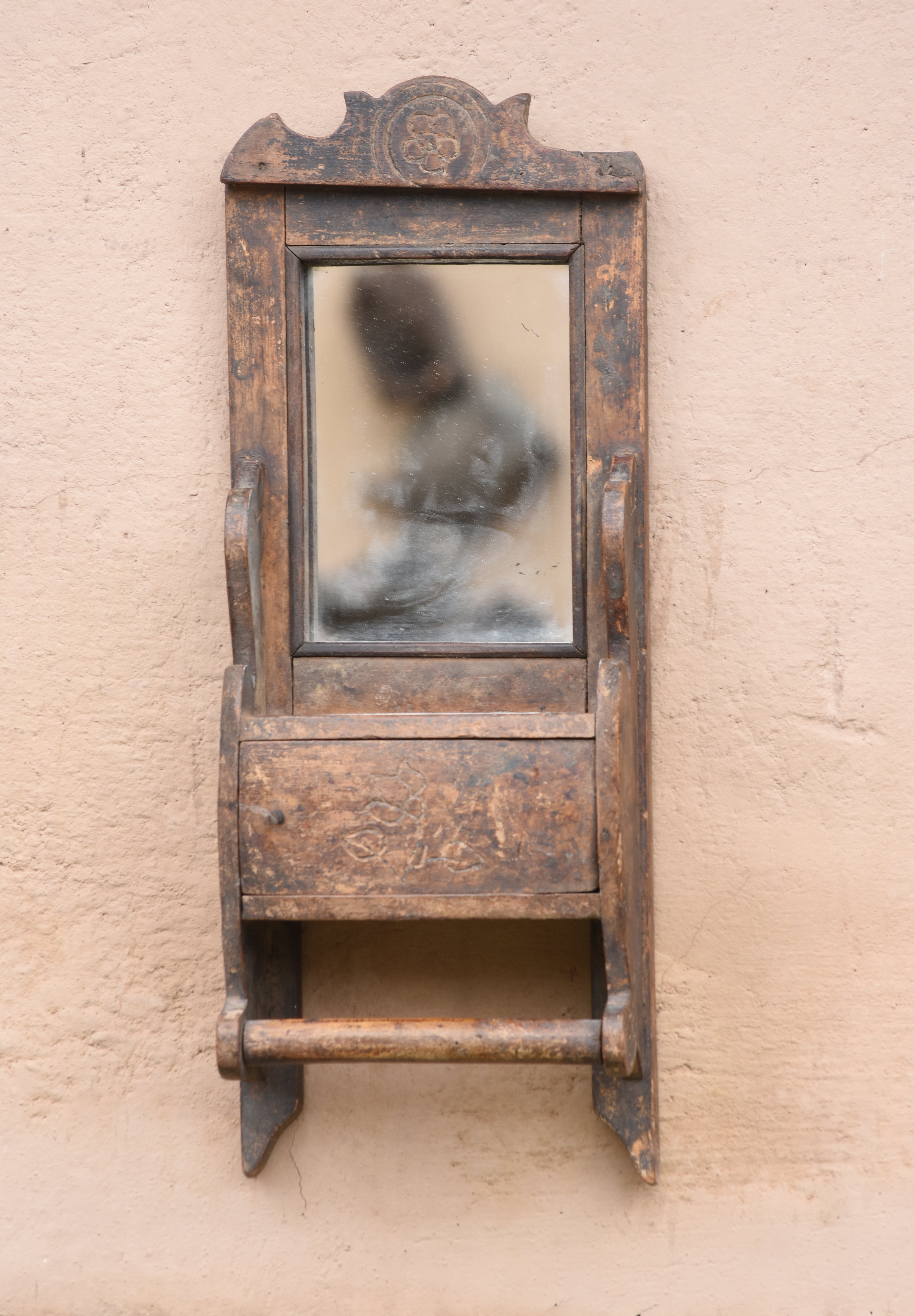 Ekaurr Vintage Shaving Mirror with aged wood frame, one small storage drawer, and iron rod towel hanger, rustic collectible bathroom or vanity wall décor