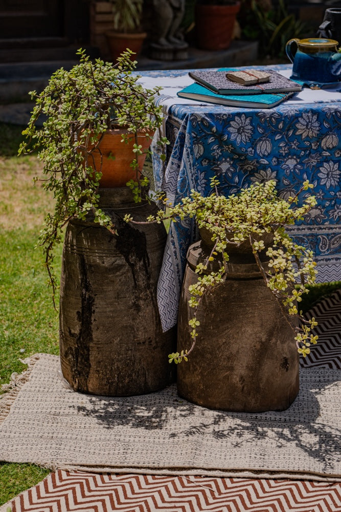 Ekaurr Vintage Wooden Floor Pot hand-carved from reclaimed wood with rich textured weathered surface, large-scale rustic sculptural planter or décor accent for floor styling