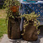 Ekaurr Vintage Wooden Floor Pot hand-carved from reclaimed wood with rich textured weathered surface, large-scale rustic sculptural planter or décor accent for floor styling