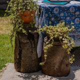 Ekaurr Vintage Wooden Floor Pot hand-carved from reclaimed wood with rich textured weathered surface, large-scale rustic sculptural planter or décor accent for floor styling
