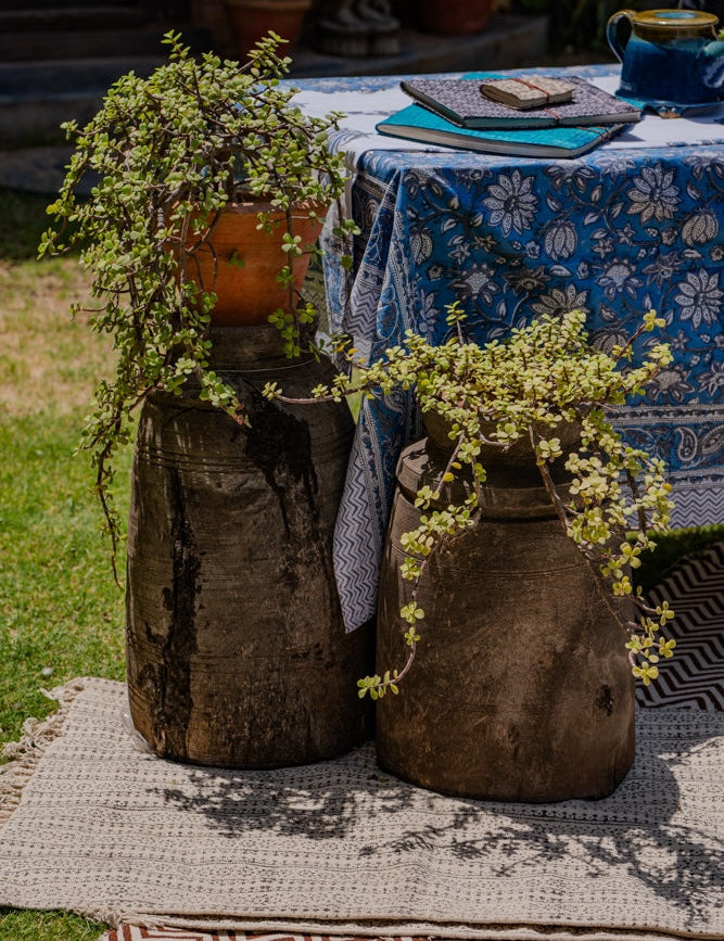 Ekaurr Vintage Wooden Floor Pot hand-carved from reclaimed wood with rich textured weathered surface, large-scale rustic sculptural planter or décor accent for floor styling