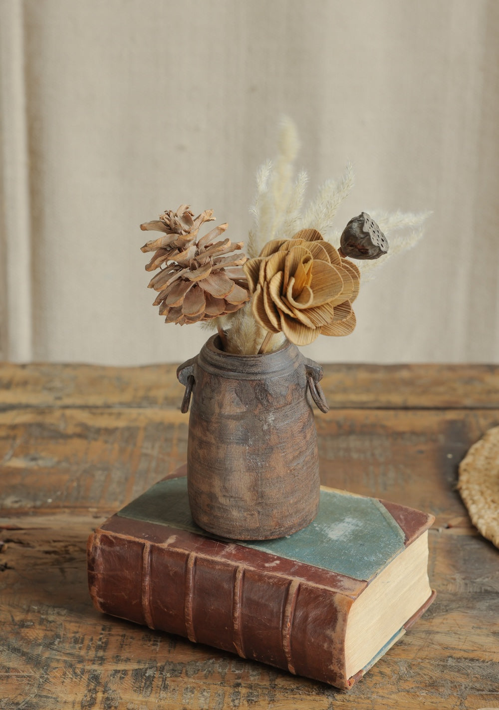 Ekaurr Vintage Wooden Pot with Iron Ring Handles traditional single-piece wood milk pot with brown patina natural cracks and rustic character