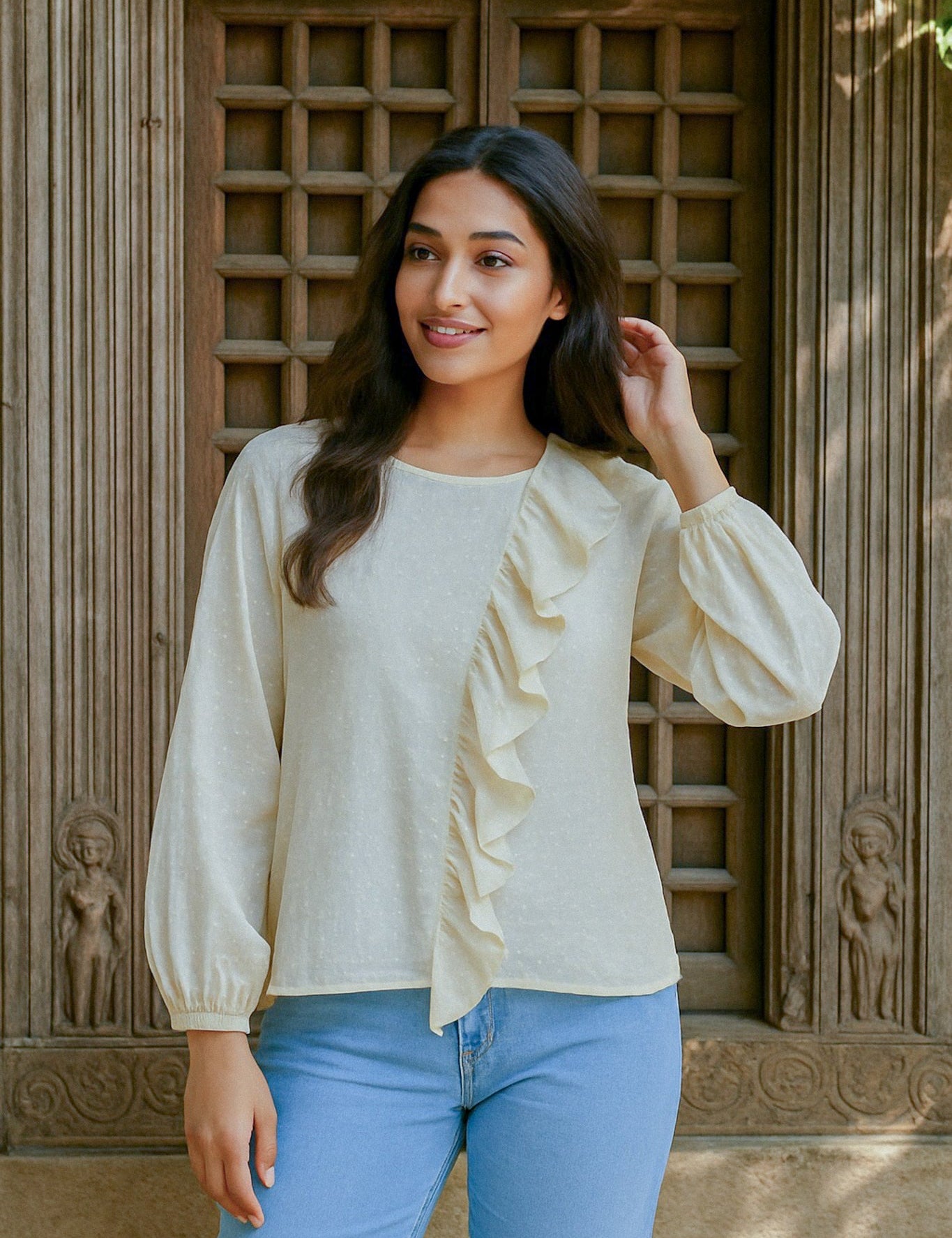Ekaurr BIGDI Wave Whisper Cotton Top finest cotton summer top with a soft wave-inspired subtle print in whisper-light pastel tones, artisan slow fashion top for women from the BIGDI summer pastel collection