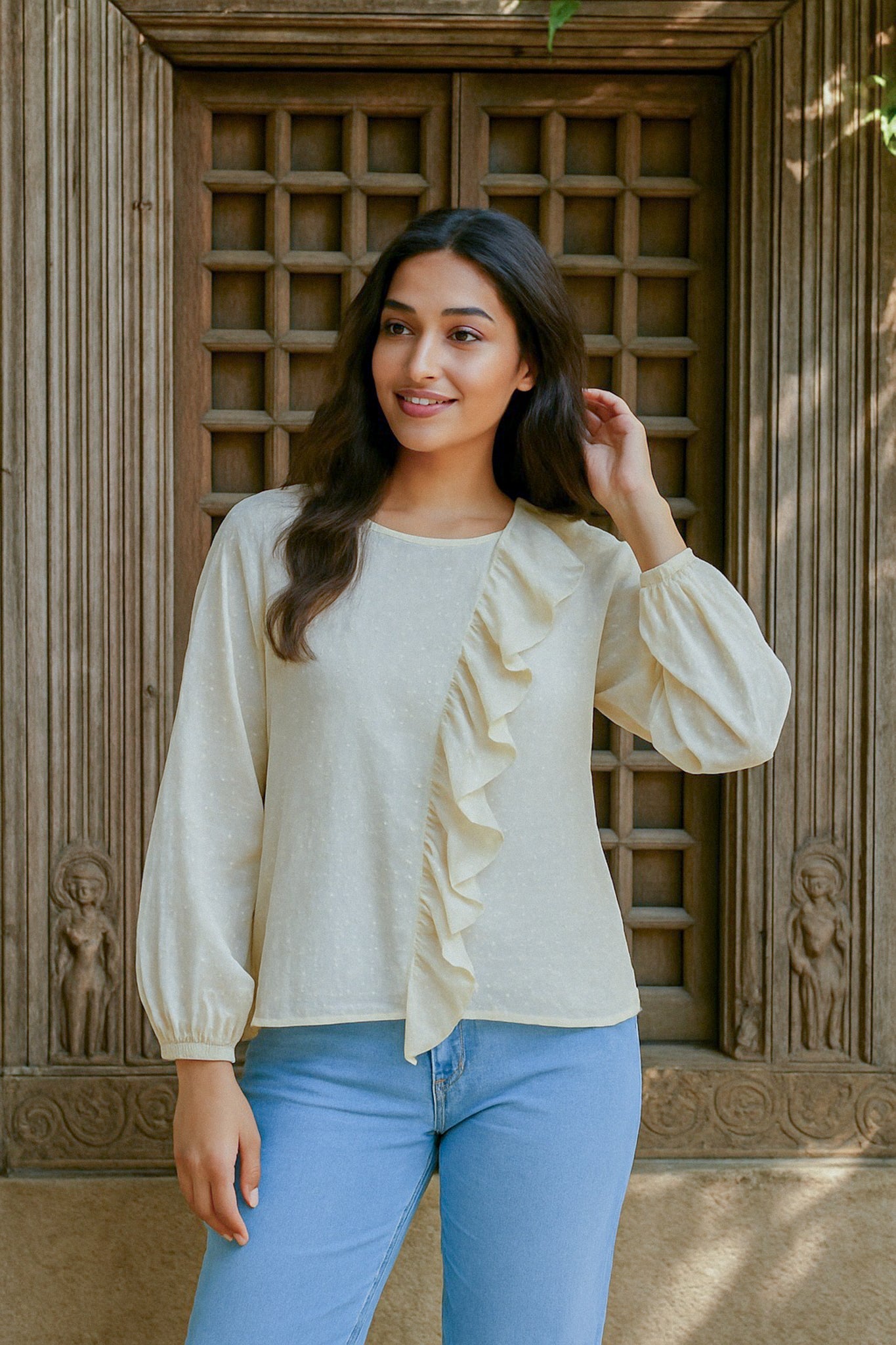 Ekaurr BIGDI Wave Whisper Cotton Top finest cotton summer top with a soft wave-inspired subtle print in whisper-light pastel tones, artisan slow fashion top for women from the BIGDI summer pastel collection