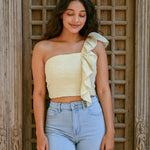 Ekaurr BIGDI Waves of Frill Cotton Top finest cotton summer top with cascading wave-form frill detailing in a soft pastel tone, artisan slow fashion top for women from the BIGDI summer collection