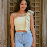 Ekaurr BIGDI Waves of Frill Cotton Top finest cotton summer top with cascading wave-form frill detailing in a soft pastel tone, artisan slow fashion top for women from the BIGDI summer collection