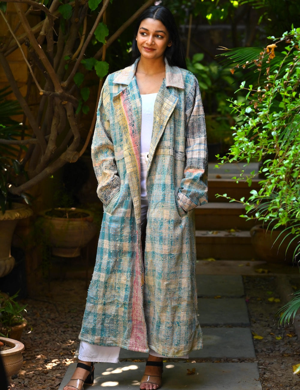 Ekaurr BIGDI Weathered Elegance Coat cotton quilted reversible winter coat with a beautifully worn weathered print in elegant tonal layers, artisan slow fashion outerwear for women from the BIGDI Blazers Coats and Robes collection
