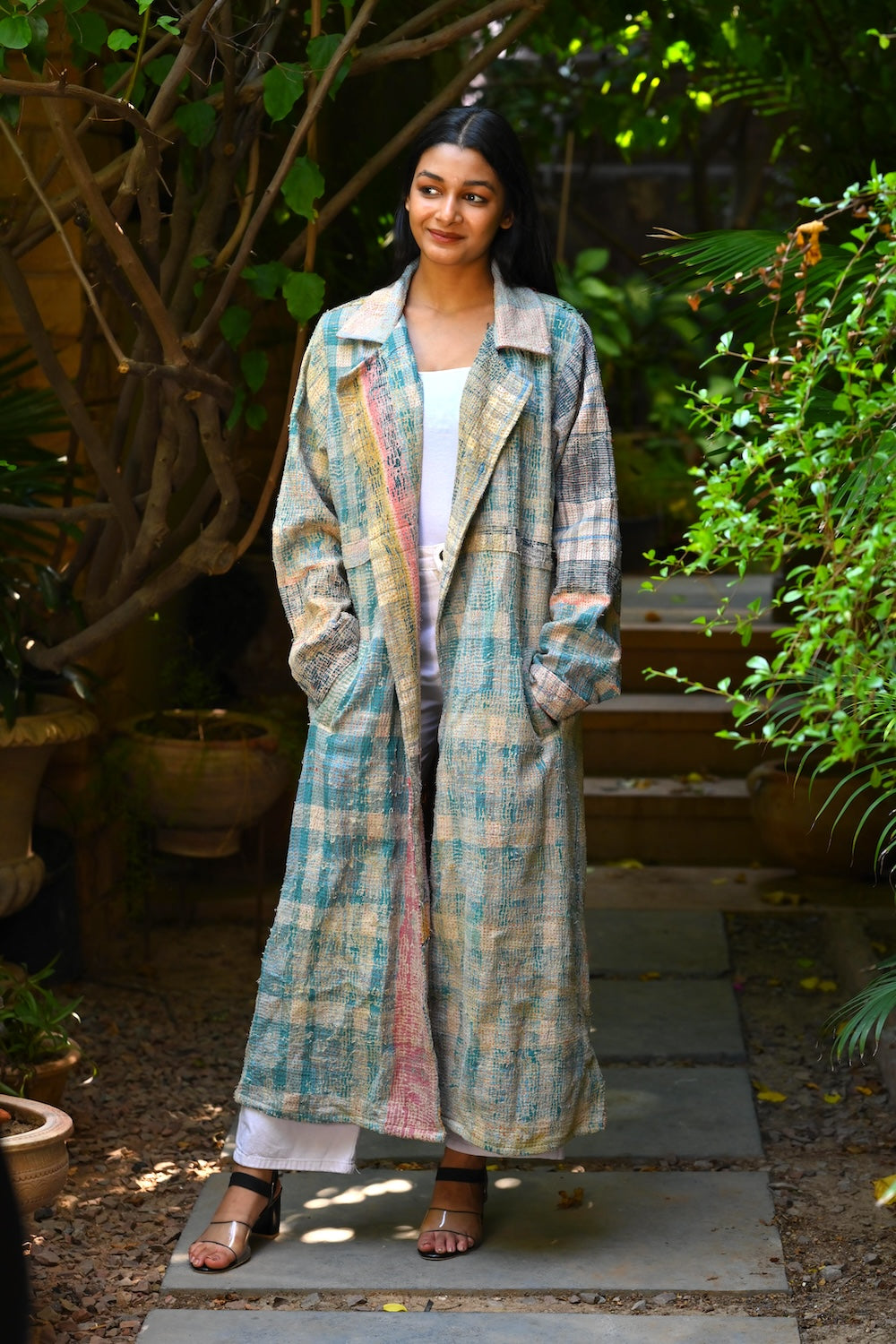 Ekaurr BIGDI Weathered Elegance Coat cotton quilted reversible winter coat with a beautifully worn weathered print in elegant tonal layers, artisan slow fashion outerwear for women from the BIGDI Blazers Coats and Robes collection
