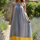 Ekaurr BIGDI Whispered Horizons Dress finest cotton summer dress with a softly graduated horizon-inspired print in muted pastel tones, artisan slow fashion wearable for women from the BIGDI summer collection