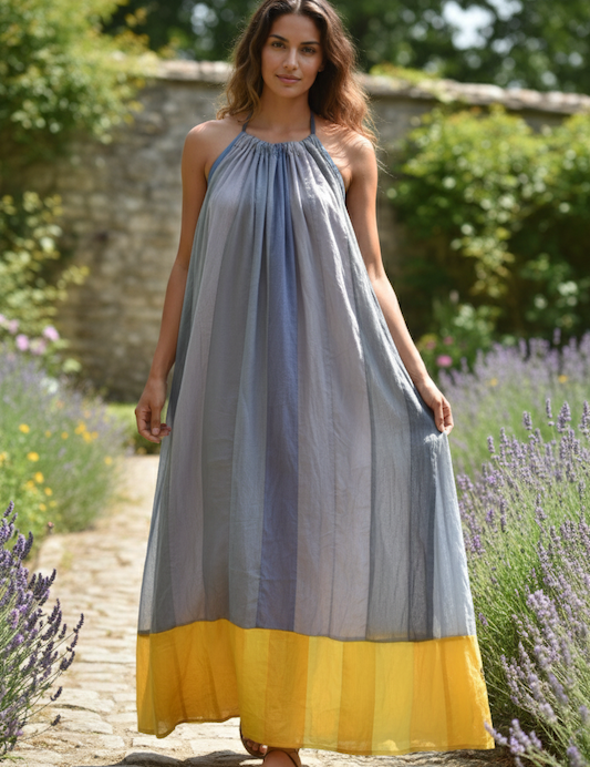 Ekaurr BIGDI Whispered Horizons Dress finest cotton summer dress with a softly graduated horizon-inspired print in muted pastel tones, artisan slow fashion wearable for women from the BIGDI summer collection