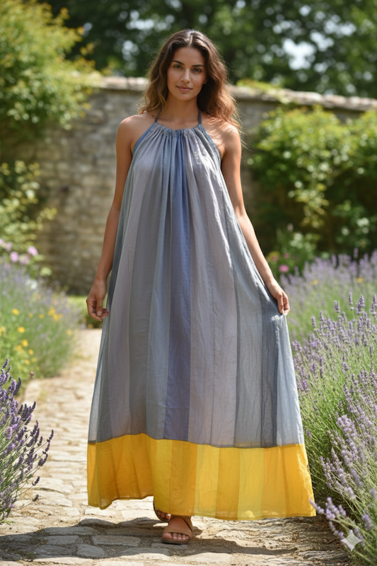 Ekaurr BIGDI Whispered Horizons Dress finest cotton summer dress with a softly graduated horizon-inspired print in muted pastel tones, artisan slow fashion wearable for women from the BIGDI summer collection