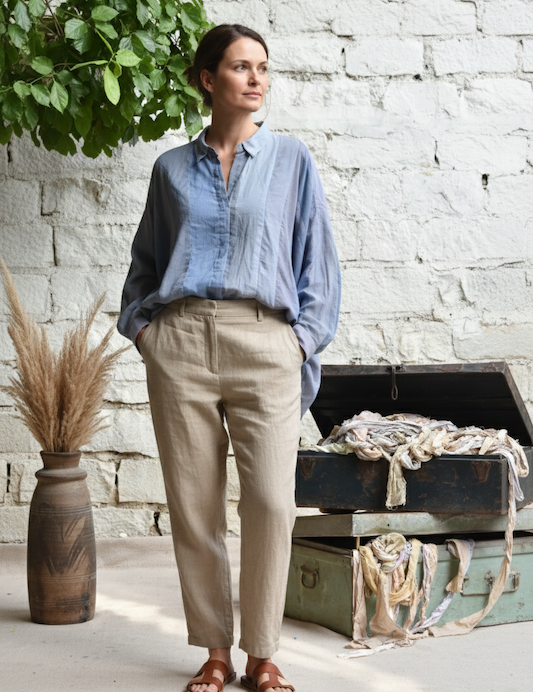 Ekaurr Whispers in Blue Shirt handcrafted artisan cotton or silk shirt in soft blue with subtle tonal print or hand-dye detailing, slow fashion wearable for conscious women's everyday styling