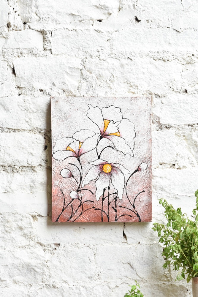 Ekaurr Whispers in White painting with a soft ethereal composition in layered white cream and pale tones with subtle textural detailing, handcrafted canvas art for bedrooms living rooms and minimal elegant home interiors