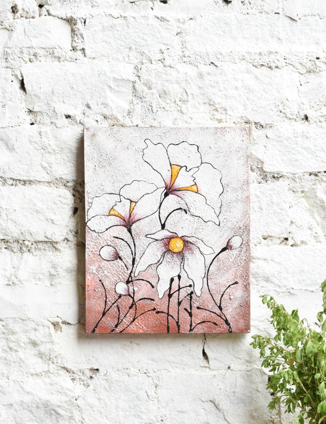 Ekaurr Whispers in White painting with a soft ethereal composition in layered white cream and pale tones with subtle textural detailing, handcrafted canvas art for bedrooms living rooms and minimal elegant home interiors