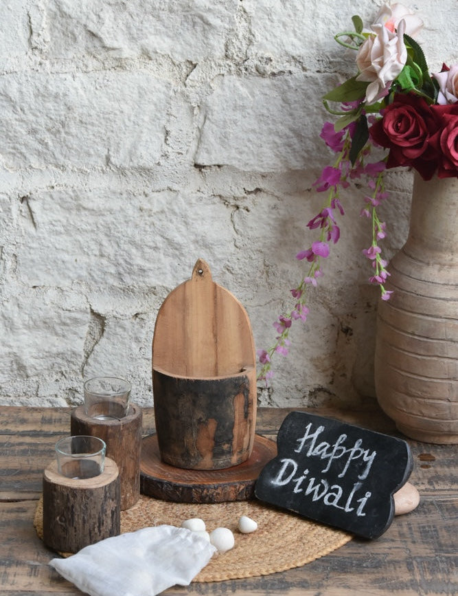 Ekaurr Whispers of Wood and Light Gift Set curated artisan gift set of reclaimed wood candle holders or tea light stands with natural earthy accent pieces and complimentary greeting card, warm sustainable gifting for rustic home styling and quiet occasions