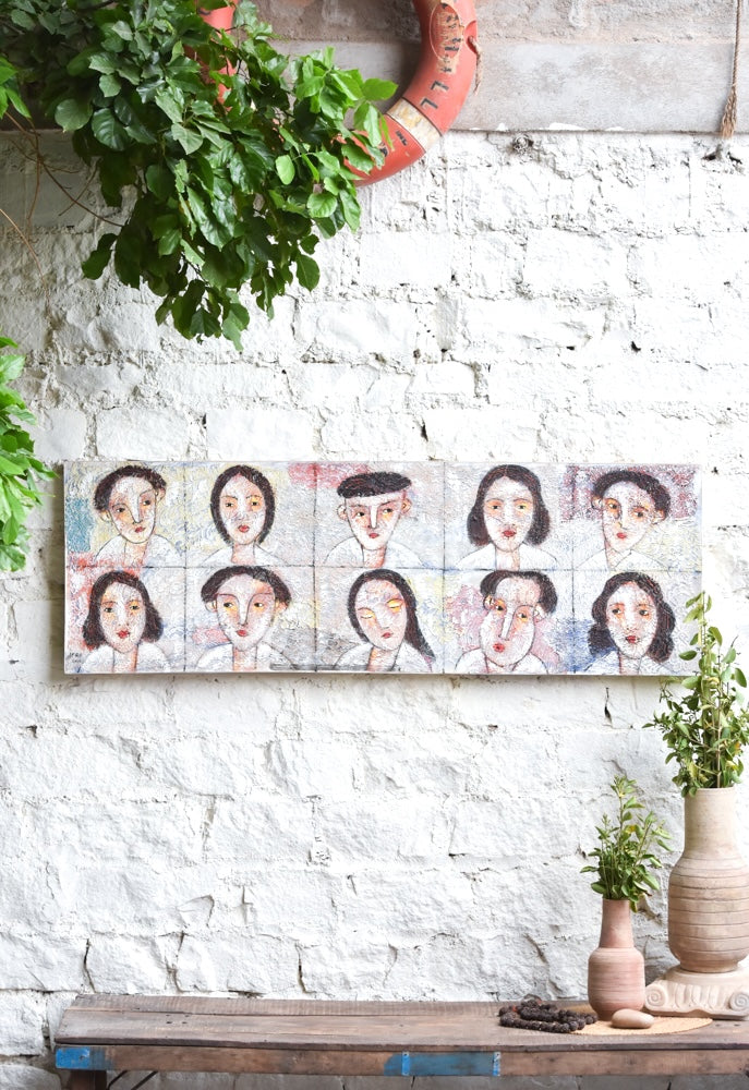 Ekaurr Whispers Within painting with an introspective figurative or abstract composition in soft muted intimate tones, handcrafted expressive home decor for bedrooms living rooms and quietly contemplative interior spaces