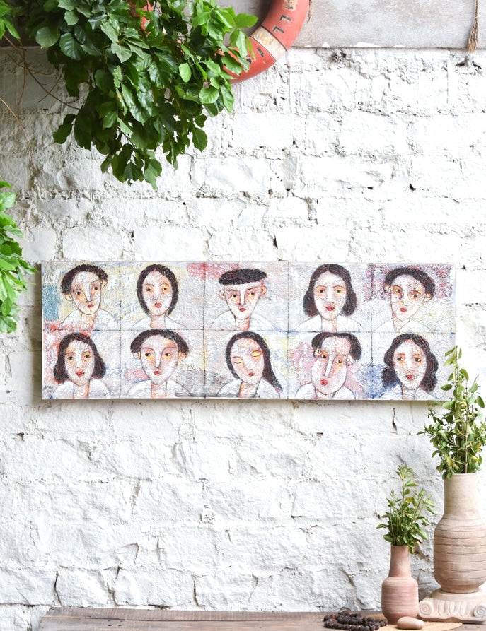 Ekaurr Whispers Within painting with an introspective figurative or abstract composition in soft muted intimate tones, handcrafted expressive home decor for bedrooms living rooms and quietly contemplative interior spaces