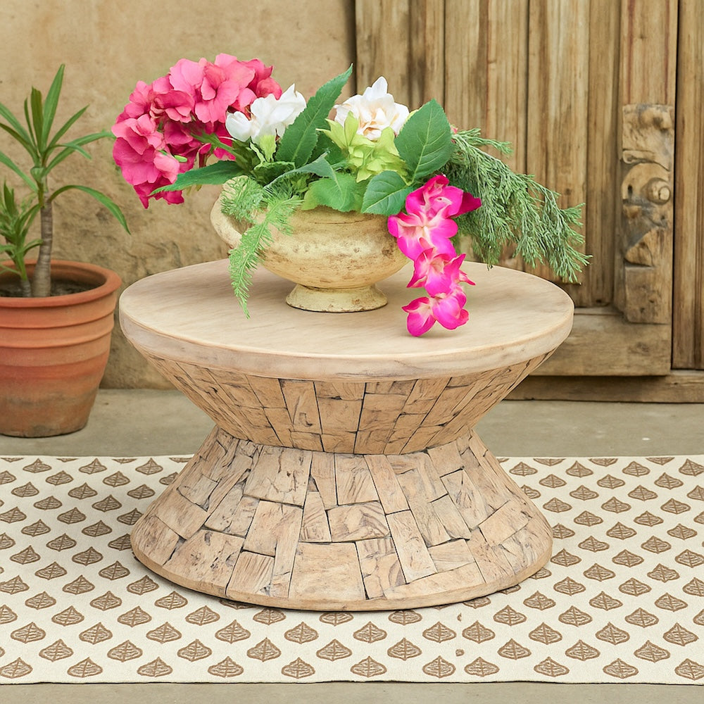 Ekaurr White Washed Print Block Dumroo Stool with soft whitewash finish over hand-carved vintage Indian textile printing blocks, artisan accent piece