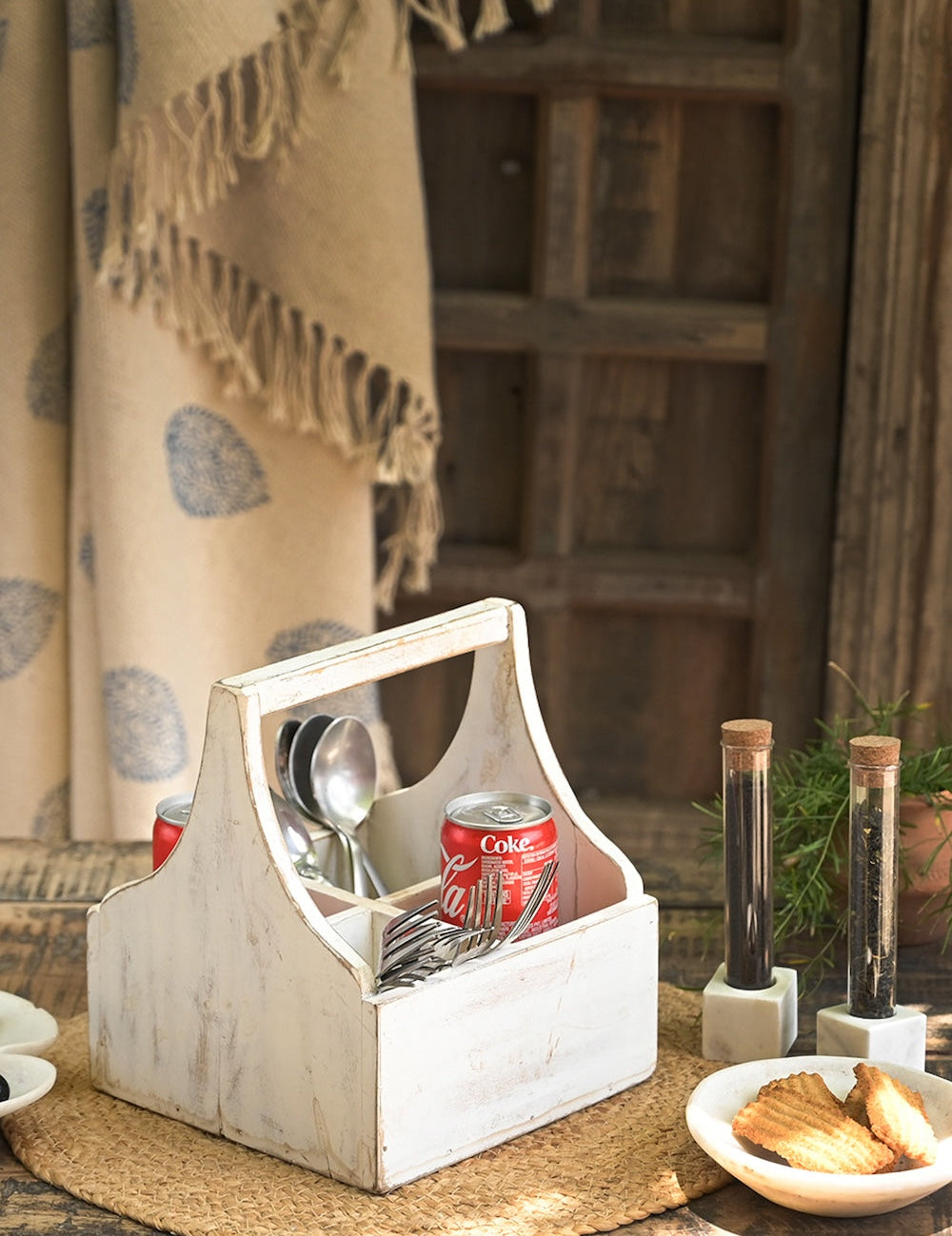 Ekaurr Whitewashed Cutlery Holder handcrafted reclaimed wood or ceramic cutlery holder in a soft whitewashed finish, rustic artisan kitchen counter organiser for utensils and conscious home styling