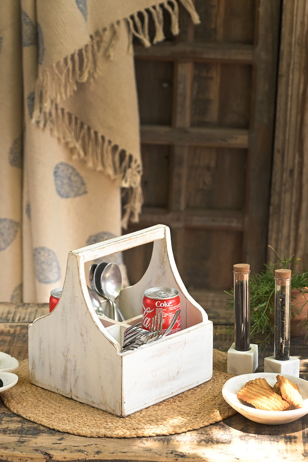 Ekaurr Whitewashed Cutlery Holder handcrafted reclaimed wood or ceramic cutlery holder in a soft whitewashed finish, rustic artisan kitchen counter organiser for utensils and conscious home styling
