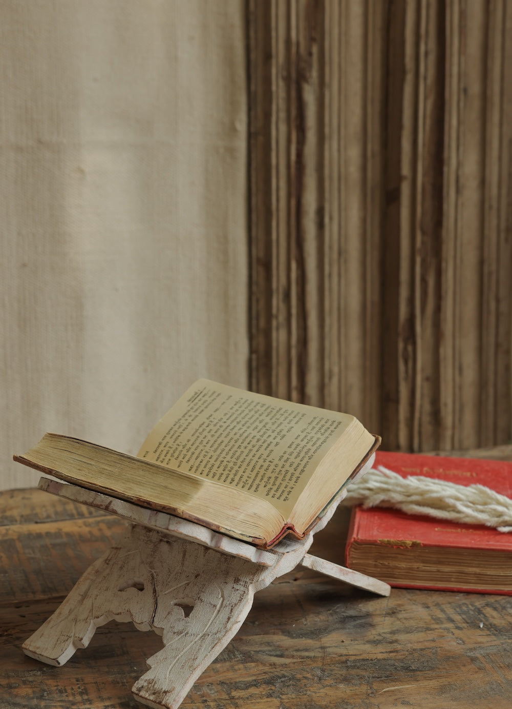 Ekaurr Whitewashed Foldable Book Stand reclaimed wood book stand with a soft whitewashed finish, collapsible rustic display holder for books cookbooks and decorative styling