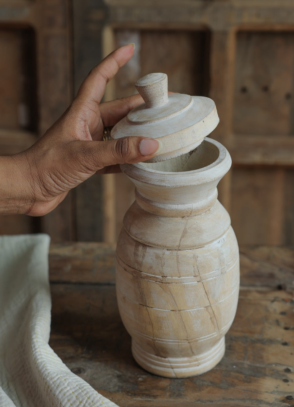 Ekaurr Whitewashed Pot with Openable Lid shown with lid open revealing the hollow interior and whitewashed inner surface