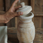 Ekaurr Whitewashed Pot with Openable Lid shown with lid open revealing the hollow interior and whitewashed inner surface