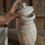 Ekaurr Whitewashed Pot with Openable Lid shown with lid open revealing the hollow interior and whitewashed inner surface