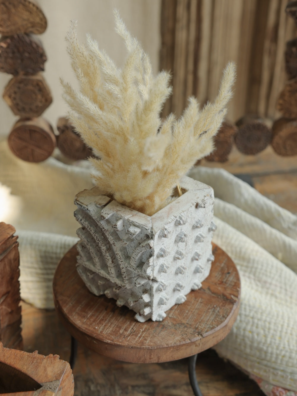 Ekaurr Whitewashed Print Block Table Planter repurposed vintage hand-carved Indian printing block in whitewashed finish used as small planter or pen stand