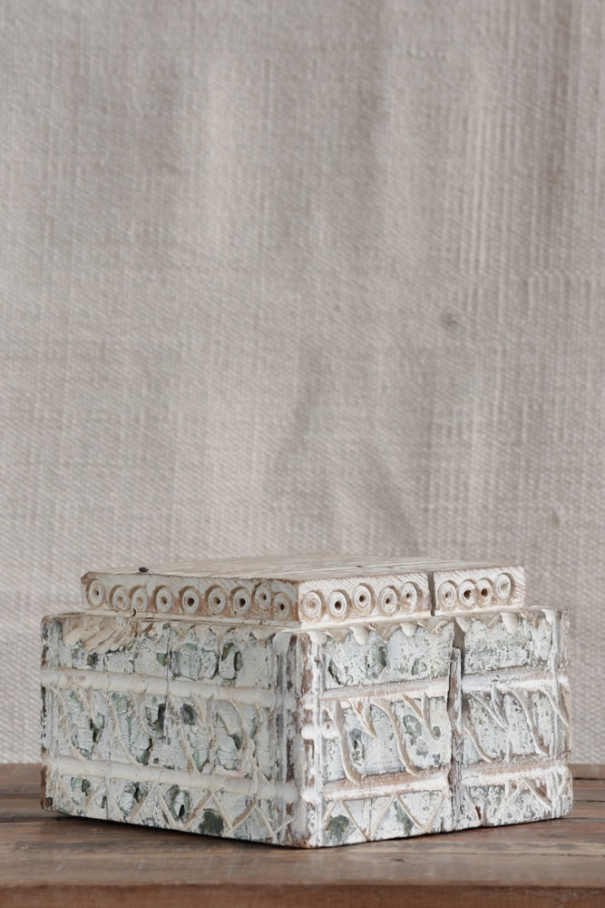 Ekaurr Whitewashed Reclaimed Wood Riser hand-finished vintage wood block pedestal in soft whitewash finish, versatile rustic display riser for sculptures candles or table styling