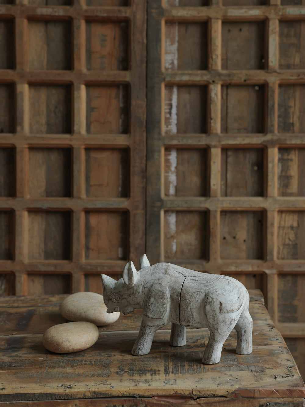 Ekaurr Distressed Whitewashed Rhino handcrafted paper mache rhino figurine with a distressed whitewash finish, rustic artisan wildlife home decor accent for shelves and eclectic interiors