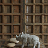 Ekaurr Distressed Whitewashed Rhino handcrafted paper mache rhino figurine with a distressed whitewash finish, rustic artisan wildlife home decor accent for shelves and eclectic interiors