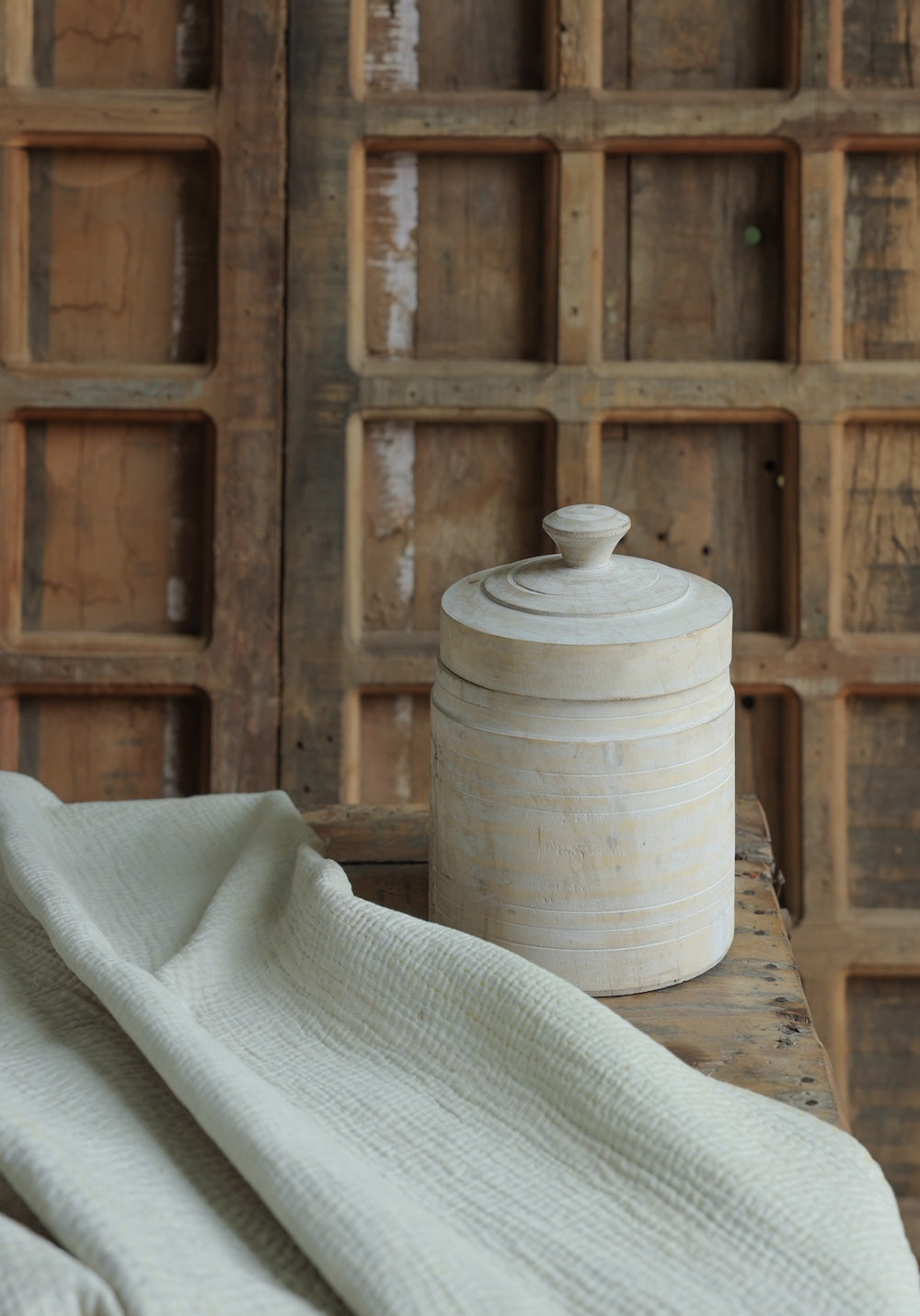 Ekaurr Whitewashed Round Jar with Openable Lid handcrafted paper mache round jar with distressed white finish and removable lid, rustic artisan home accent for storage or decorative display