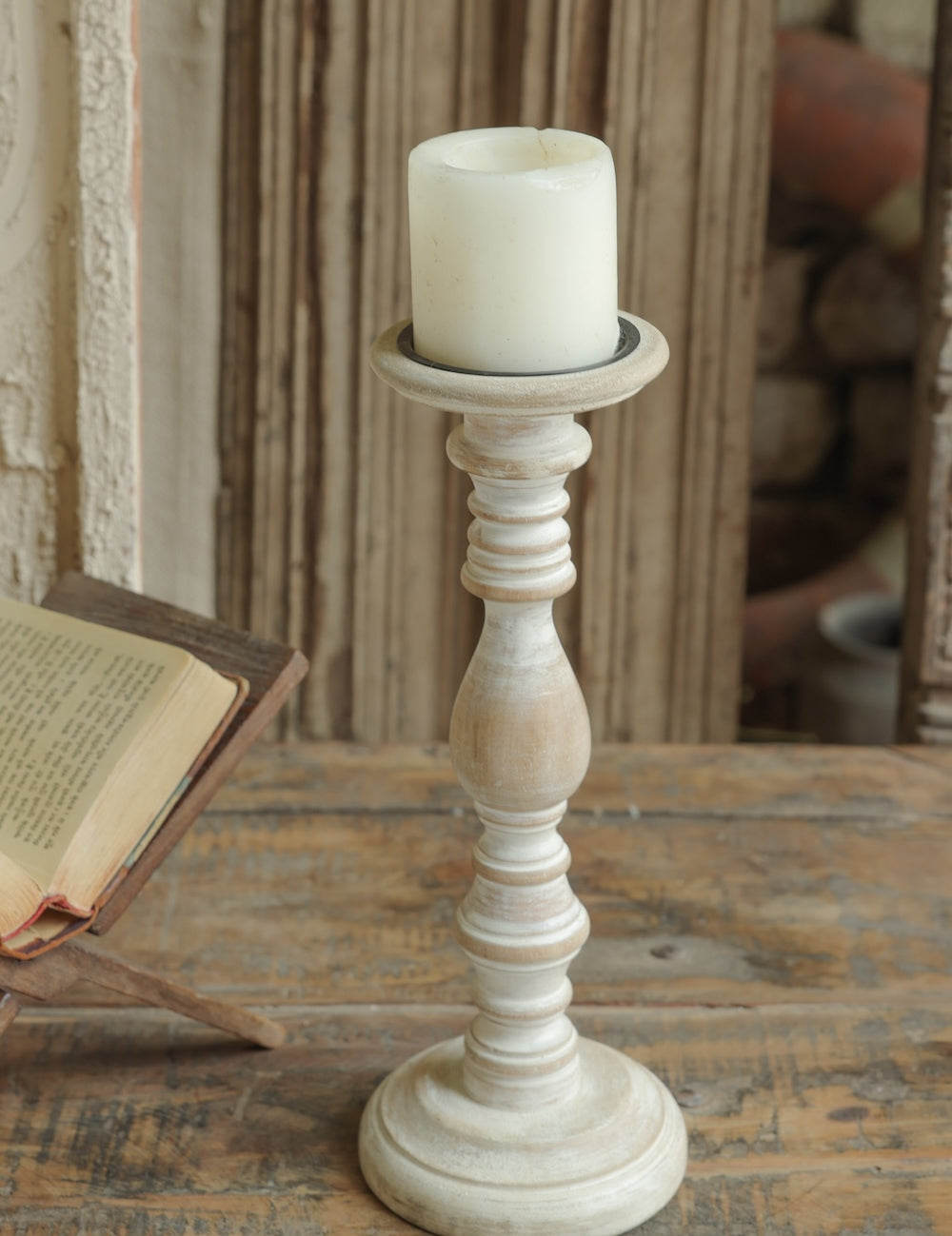 Ekaurr Whitewashed Wooden Candle Stand crafted from reclaimed wood with white patina finish, rustic vintage candle holder with natural cracks and aged character